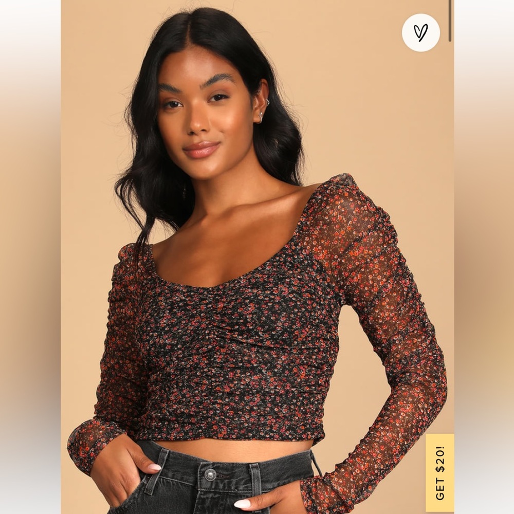Lulus Black Floral Print Ruched Mesh Crop Top